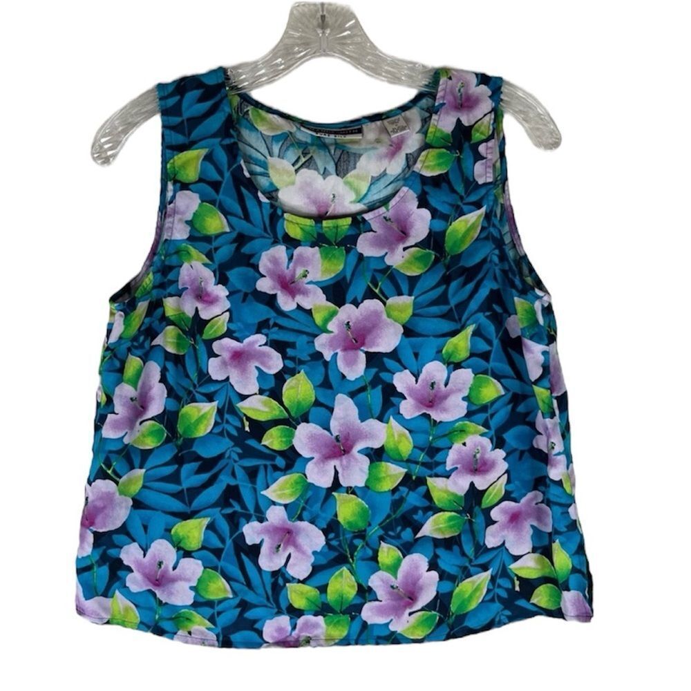 Amanda Smith Tank Top Women’s Blue Purple 100% Silk Sleeveless Colorful Floral M